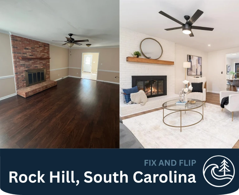 Rock Hill South Carolina living room before and after renovation in fix and flip investment project